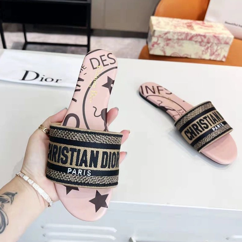 SportInspired 4589 Christian Dior Dway Slides Women Jute Motif Canvas Pink