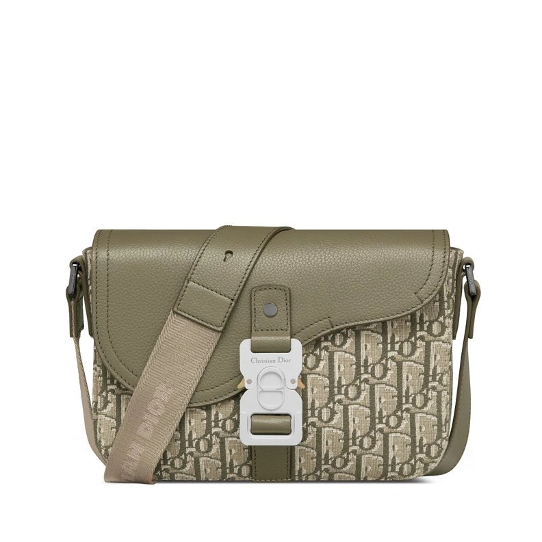 StreetReady 2083 Small Dior Saddle Flap Messenger In Oblique Motif Canvas and Grained Calfskin Olive