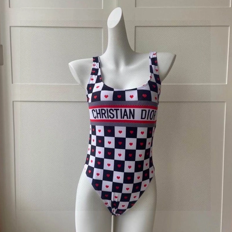 TopPick 1056 Christian Dior Swimsuit Women Dioramour D-Chess Heart Motif Lycra Black White