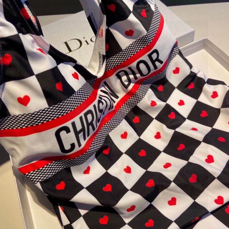 TopPick 1056 Christian Dior Swimsuit Women Dioramour D-Chess Heart Motif Lycra Black White