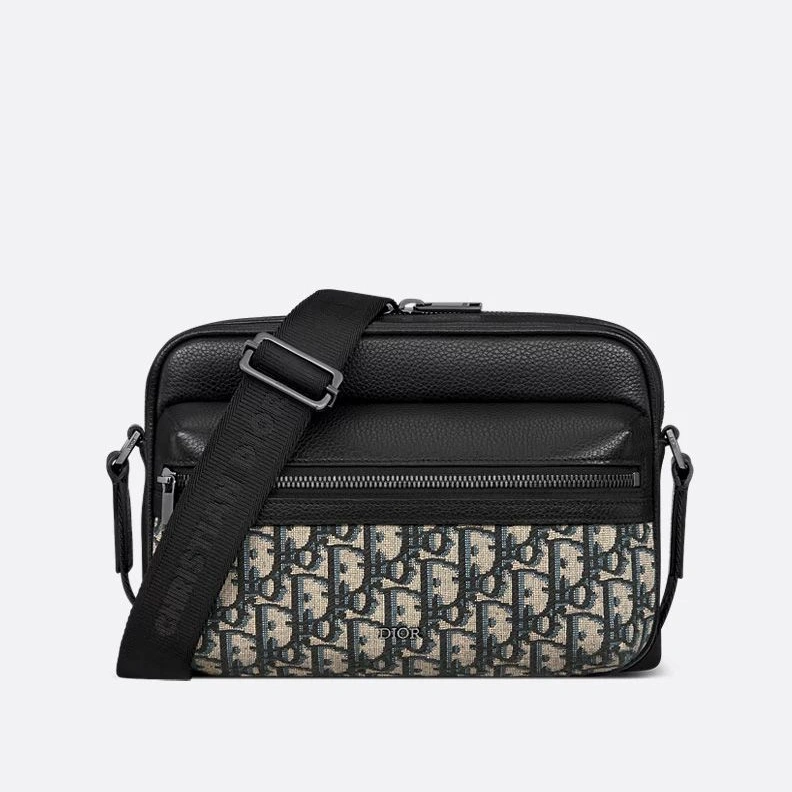 TopPick 2583 Small Dior Rider 2.0 Zipped Messenger Bag In Grained Calfskin and Oblique Motif Canvas Black Blue