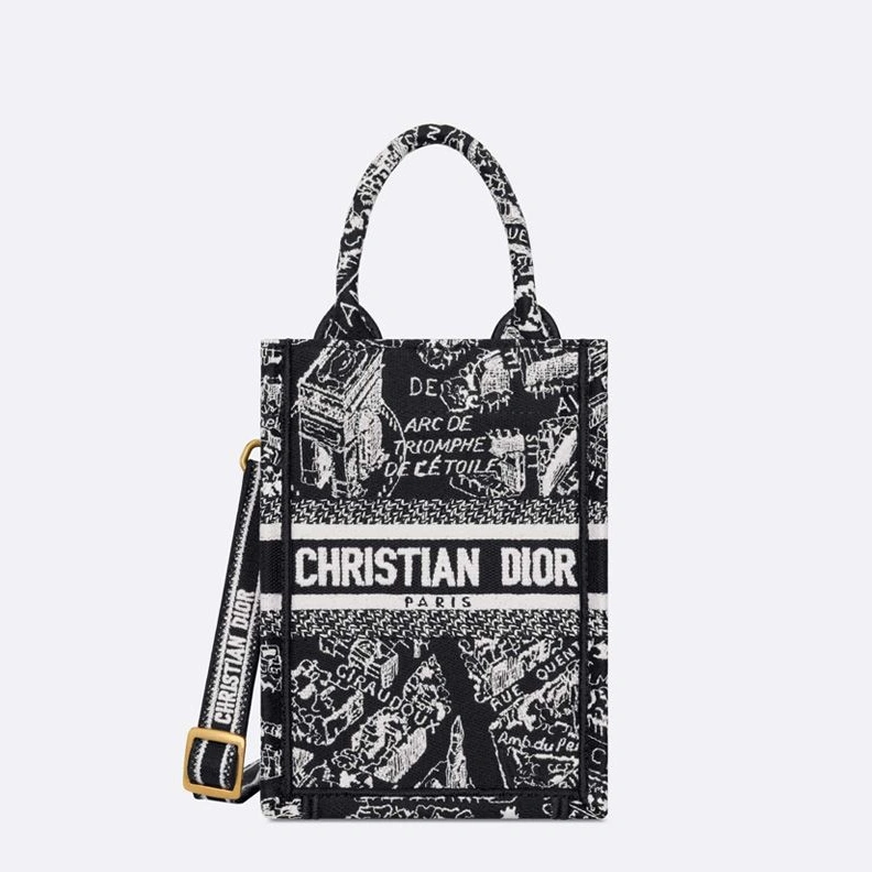 TopPick 4084 Mini Vertical Dior Book Tote with Strap In Plan de Paris Motif Canvas Black