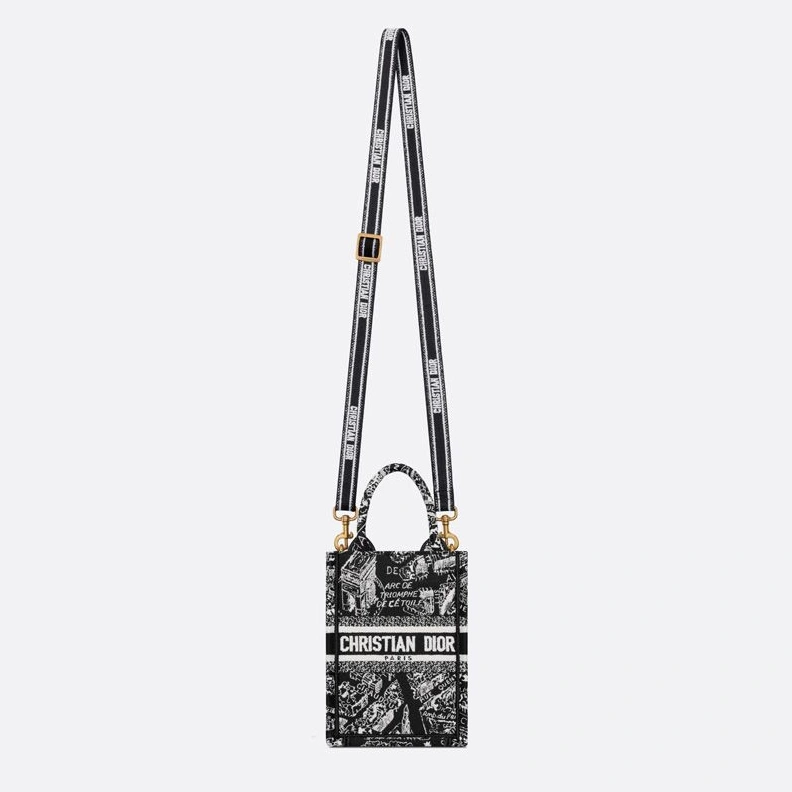 TopPick 4084 Mini Vertical Dior Book Tote with Strap In Plan de Paris Motif Canvas Black