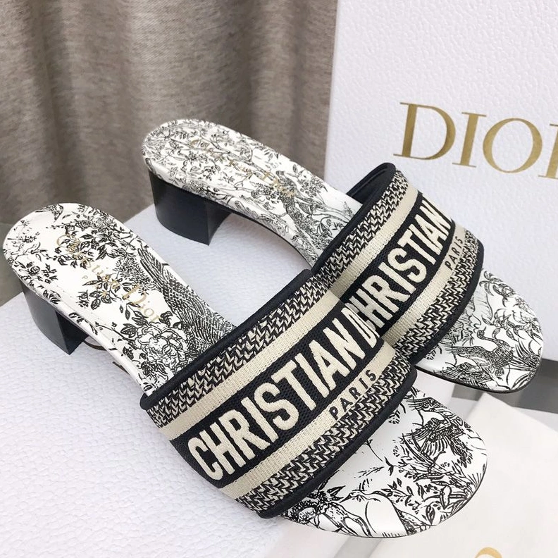 TopPick 5020 Christian Dior Dway Slides Women Jardin d'Hiver Motif Canvas Black