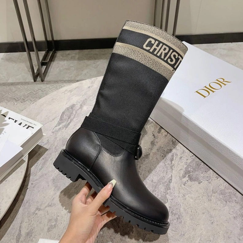 TopPick 7571 Christian Dior D-Major Boots Women Technical Fabric and Calfskin Black Beige