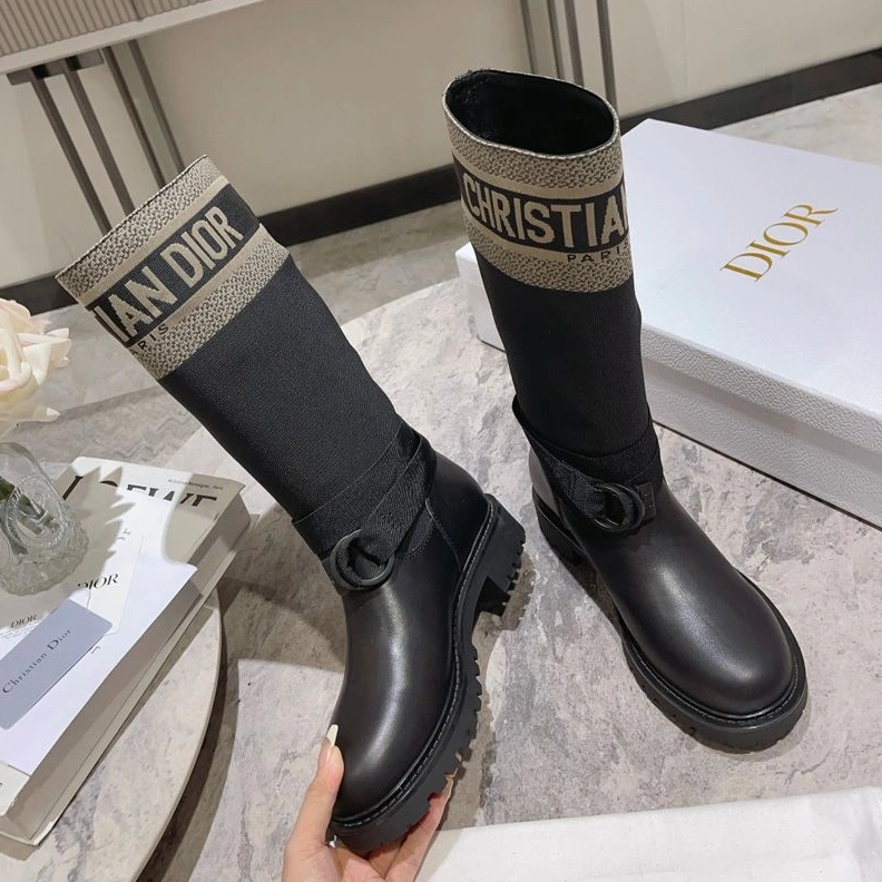 TopPick 7571 Christian Dior D-Major Boots Women Technical Fabric and Calfskin Black Beige