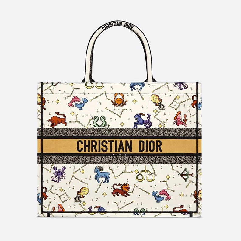 TopPick 8287 Dior Book Tote Pixel Zodiac Motif Canvas White