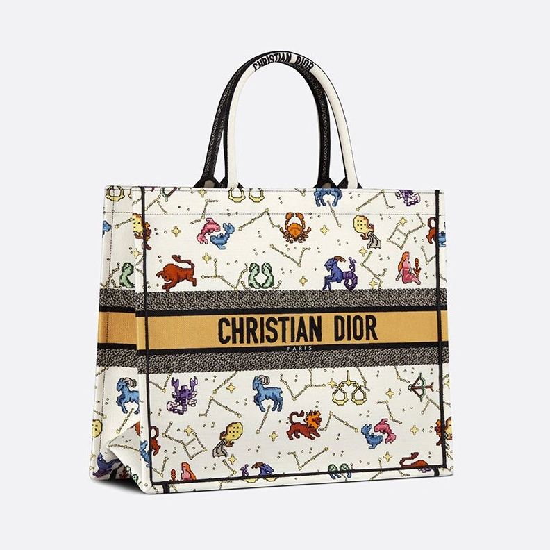 TopPick 8287 Dior Book Tote Pixel Zodiac Motif Canvas White