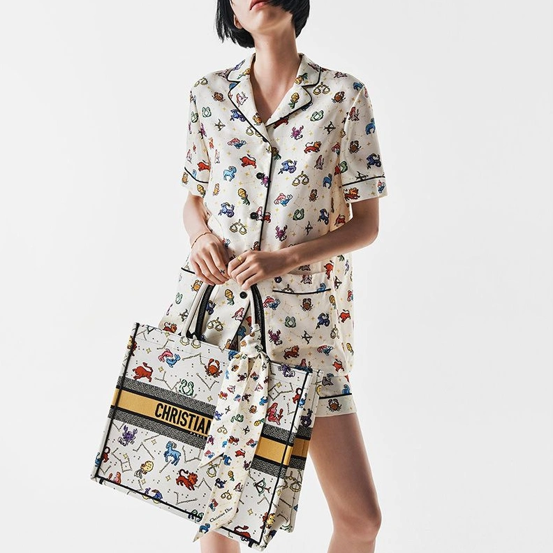 TopPick 8287 Dior Book Tote Pixel Zodiac Motif Canvas White