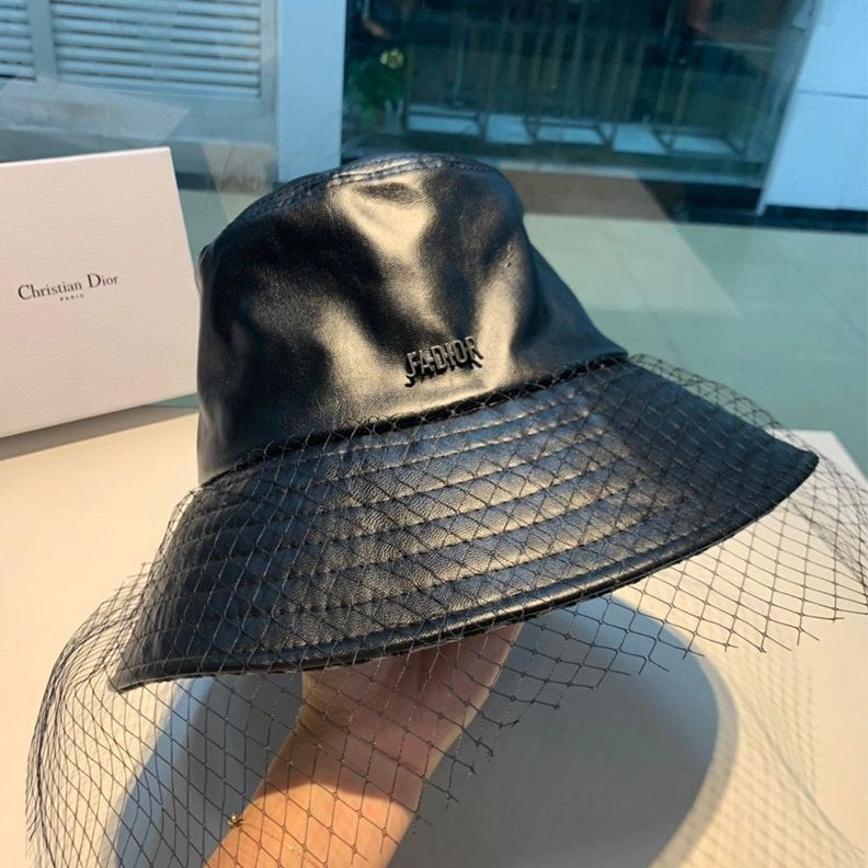 TopPick 899 J'Adior Bucket Hat Teddy Oblique Motif Leather With Veil Black