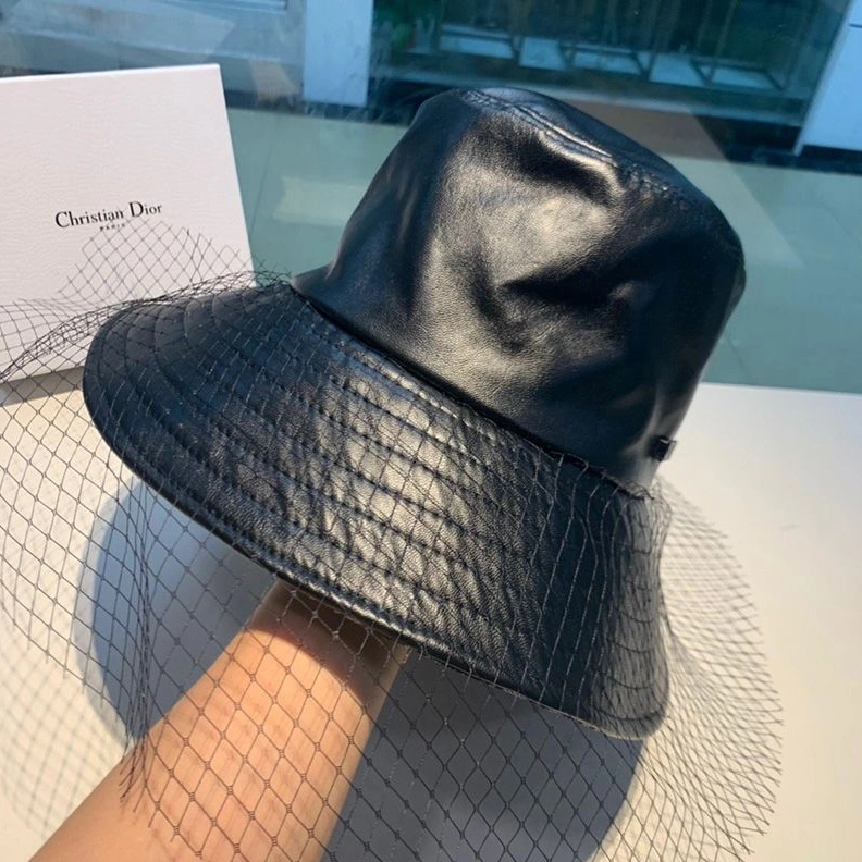 TopPick 899 J'Adior Bucket Hat Teddy Oblique Motif Leather With Veil Black