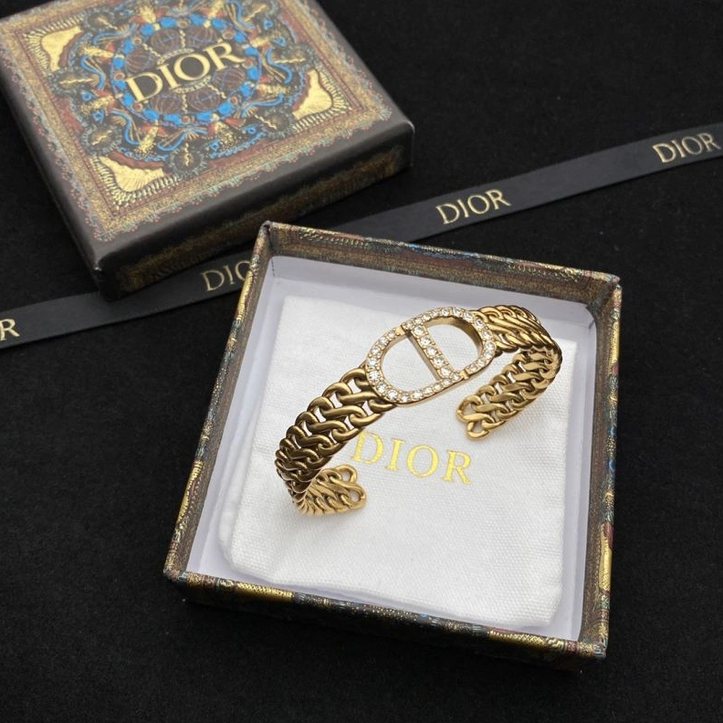 Trendy 5152 Dior 30 Montaigne Cuff Bracelet Antique Metal and White Crystals Gold