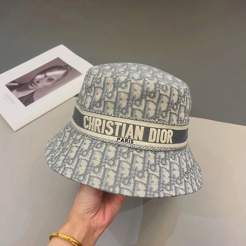 Trendy 7375 Christian Dior Bucket Hat D-Oblique Motif Cotton Grey