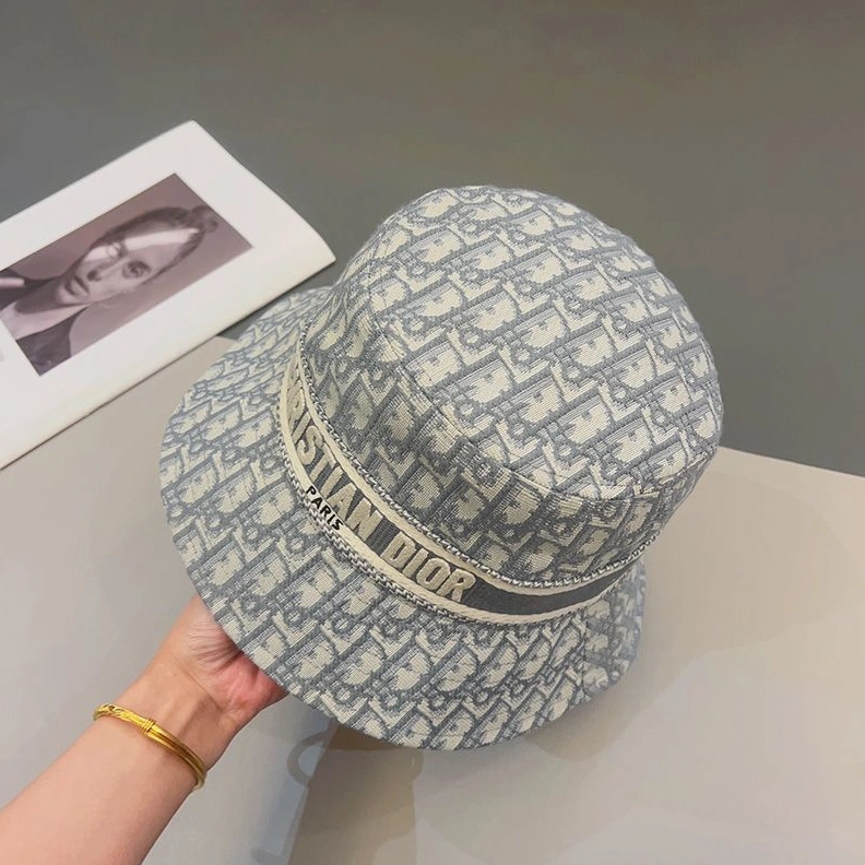 Trendy 7375 Christian Dior Bucket Hat D-Oblique Motif Cotton Grey