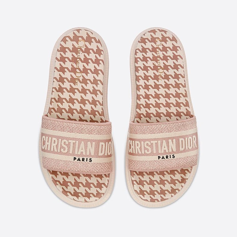 Trendy 7828 Christian Dior Dway Slides Women Micro Houndstooth Motif Cotton Cherry