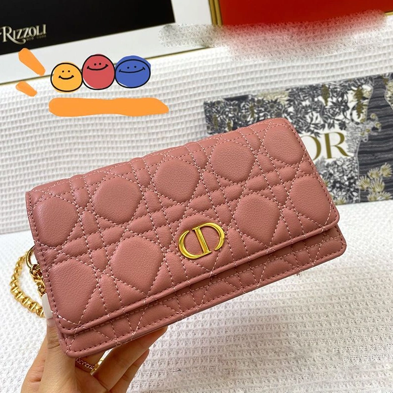 Trendy 8424 Dior Caro Belt Pouch with Chain Cannage Calfskin Pink