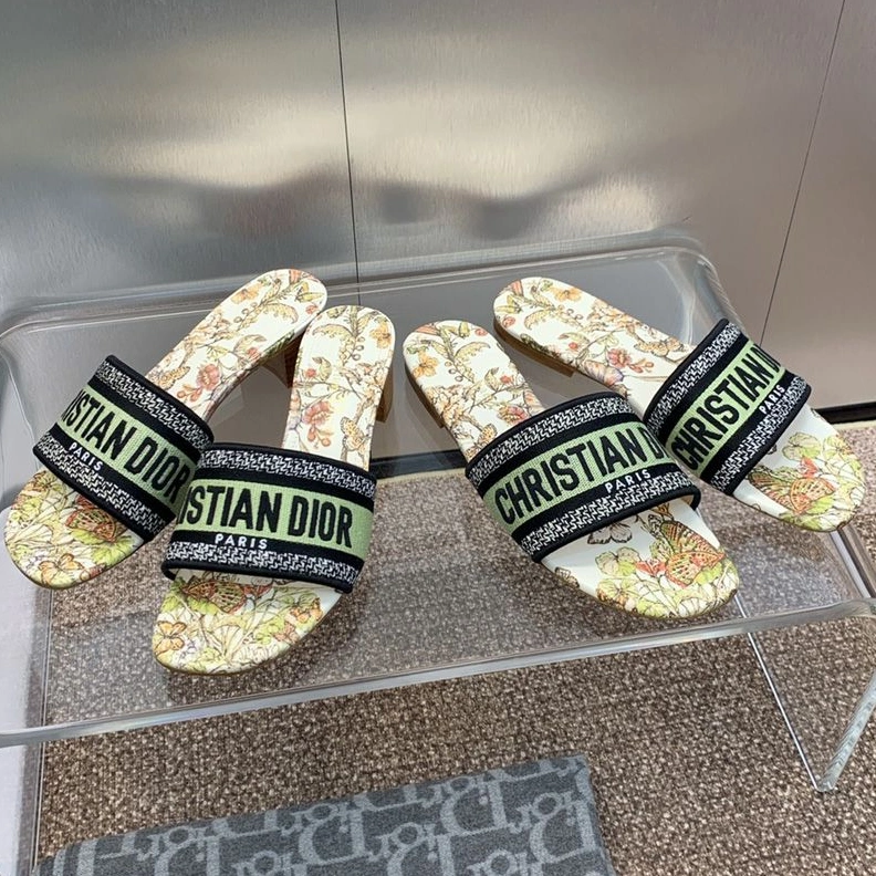 UrbanStyle 4744 Christian Dior Dway Slides Women Toile de Jouy Mexico Motif Canvas White Green