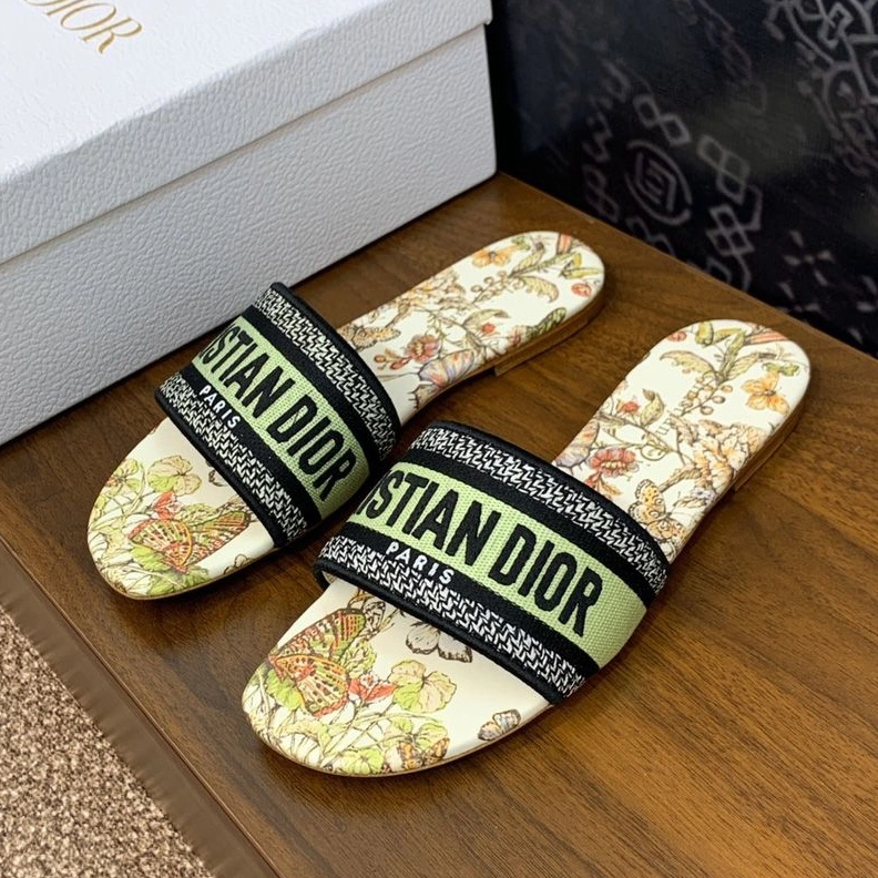 UrbanStyle 4744 Christian Dior Dway Slides Women Toile de Jouy Mexico Motif Canvas White Green
