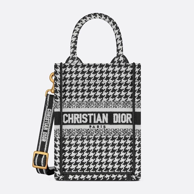 UrbanStyle 5268 Mini Vertical Dior Book Tote with Strap In Macro Houndstooth Motif Canvas Black