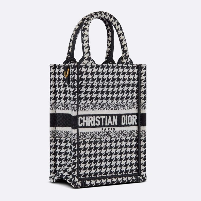 UrbanStyle 5268 Mini Vertical Dior Book Tote with Strap In Macro Houndstooth Motif Canvas Black