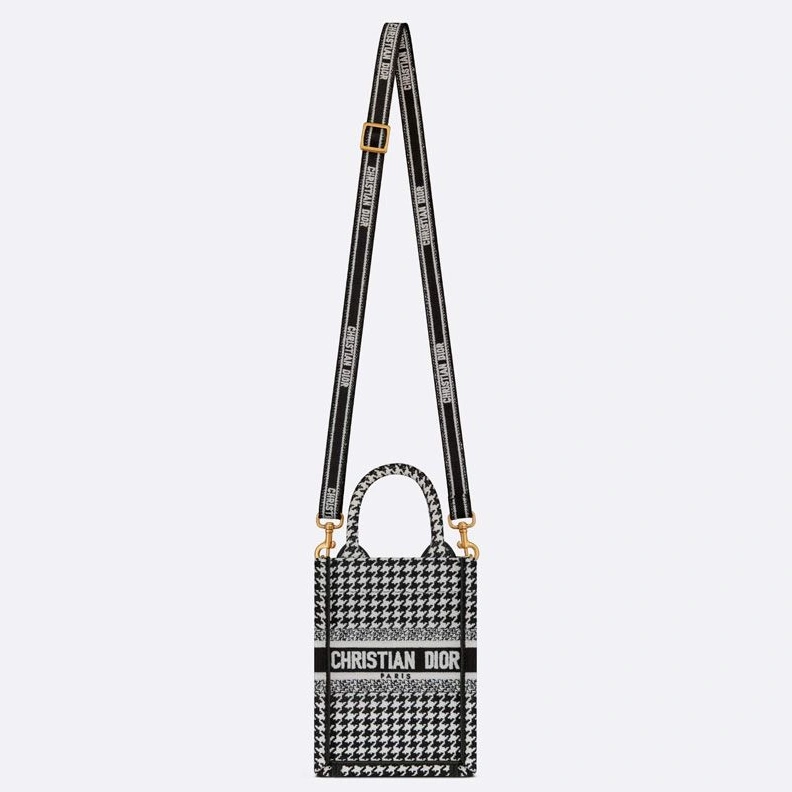UrbanStyle 5268 Mini Vertical Dior Book Tote with Strap In Macro Houndstooth Motif Canvas Black