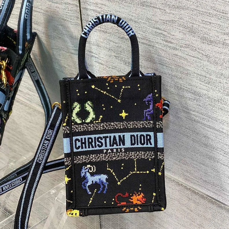 UrbanStyle 8629 Mini Vertical Dior Book Tote with Strap In Pixel Zodiac Motif Canvas Black