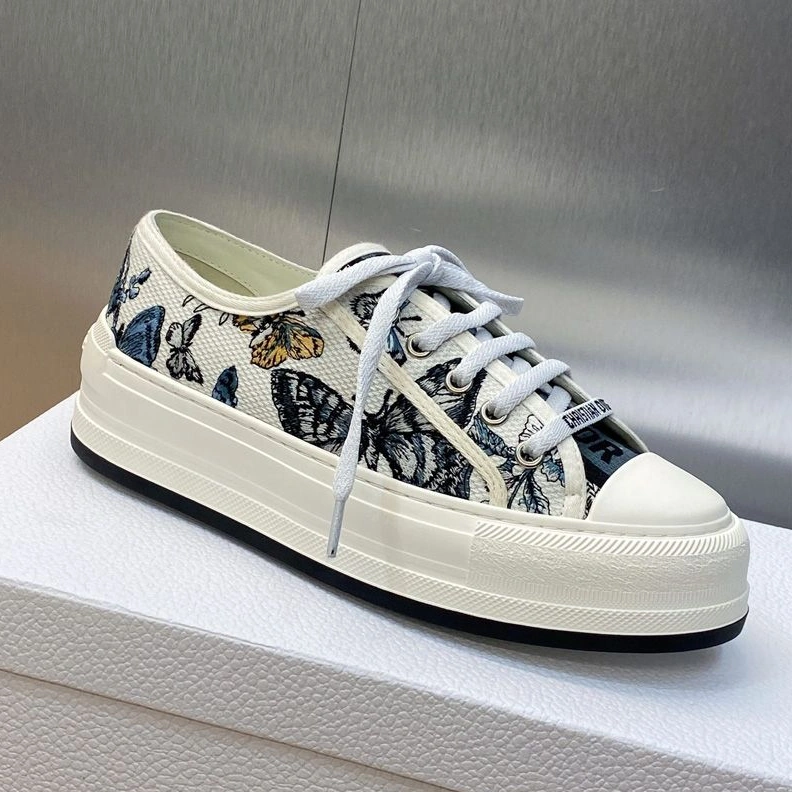 Walk'n'Dior Platform Sneakers Unisex Toile de Jouy Mexico Motif Canvas White Blue Comfortable 3259