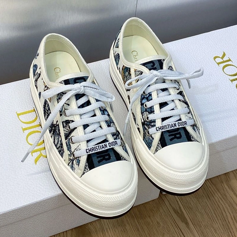 Walk'n'Dior Platform Sneakers Unisex Toile de Jouy Mexico Motif Canvas White Blue Comfortable 3259