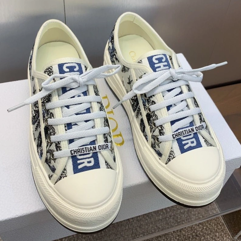 Walk'n'Dior Platform Sneakers Unisex Toile de Jouy Soleil Motif Canvas White Blue UrbanStyle 5254