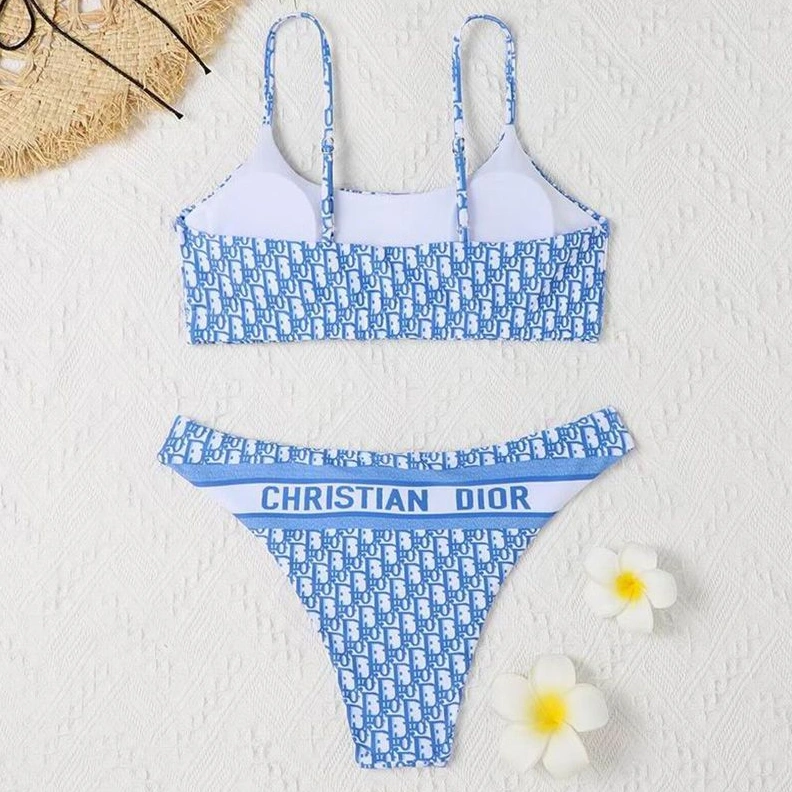 WellDesigned 5732 Christian Dior Spaghetti Bikini Women Oblique Motif Lycra Sky Blue