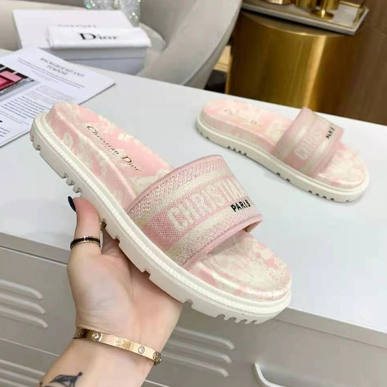 WellDesigned 8223 Christian Dior Dway Slides Women Toile De Jouy Motif Cotton Cherry