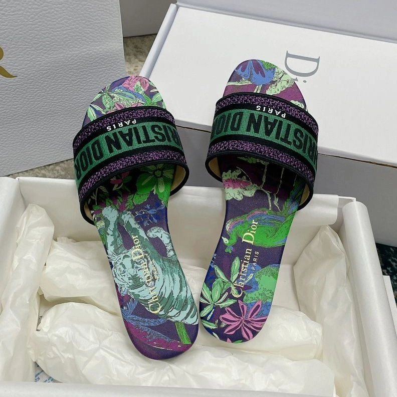 WellDesigned 8528 Christian Dior Dway Slides Women Toile de Jouy Voyage Motif Canvas Multi Green