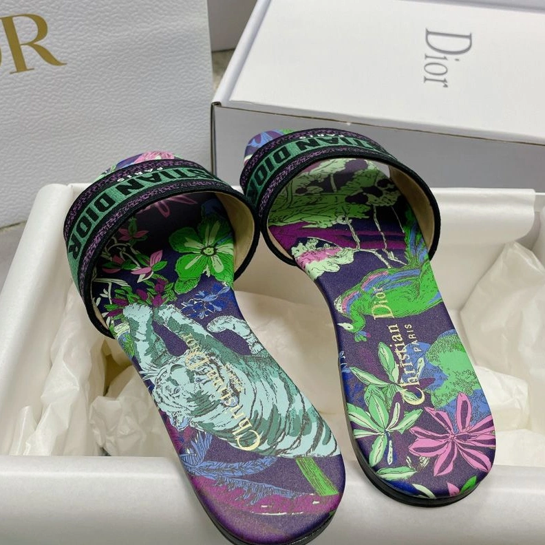WellDesigned 8528 Christian Dior Dway Slides Women Toile de Jouy Voyage Motif Canvas Multi Green