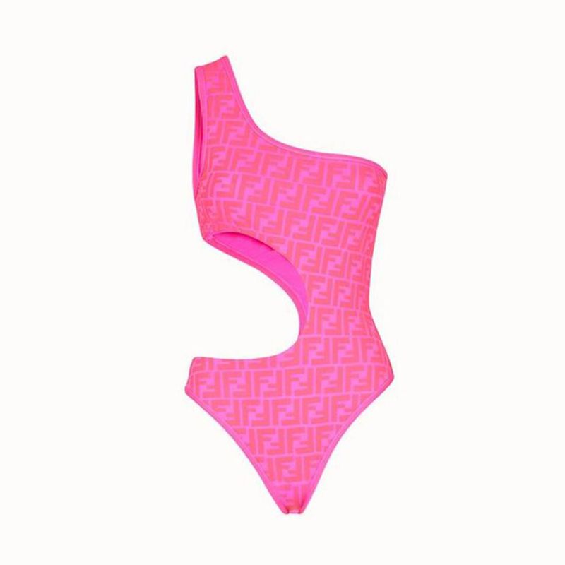 Affordable Fendi Asymmetric Cut-Out Swimsuit Women FF Motif Lycra Pink