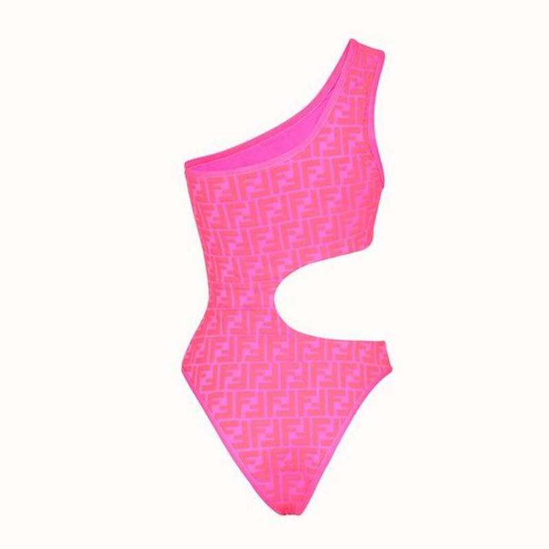 Affordable Fendi Asymmetric Cut-Out Swimsuit Women FF Motif Lycra Pink