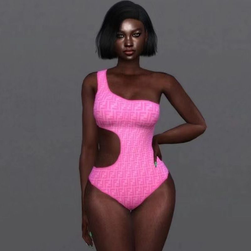 Affordable Fendi Asymmetric Cut-Out Swimsuit Women FF Motif Lycra Pink