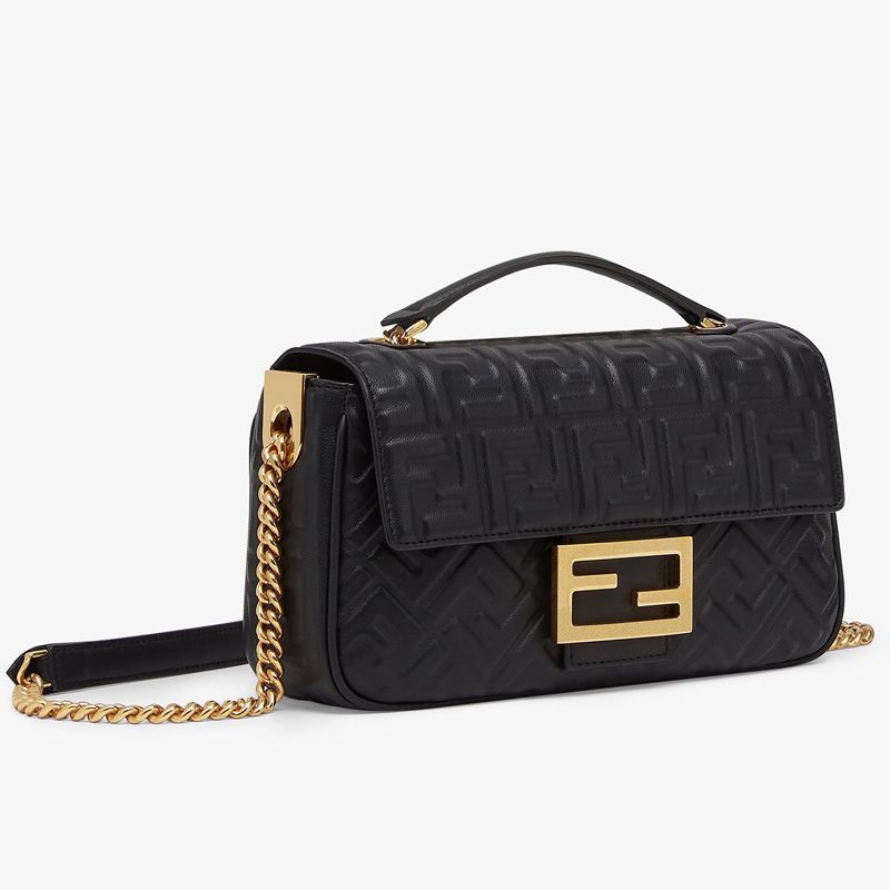 Affordable Fendi Baguette Chain Midi Bag In FF Motif Nappa Leather Black