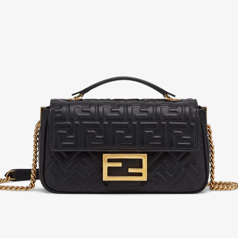 Affordable Fendi Baguette Chain Midi Bag In FF Motif Nappa Leather Black