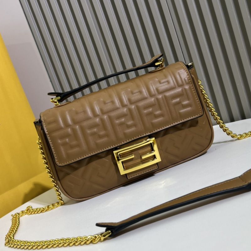 Affordable Fendi Baguette Chain Midi Bag In FF Motif Nappa Leather Brown