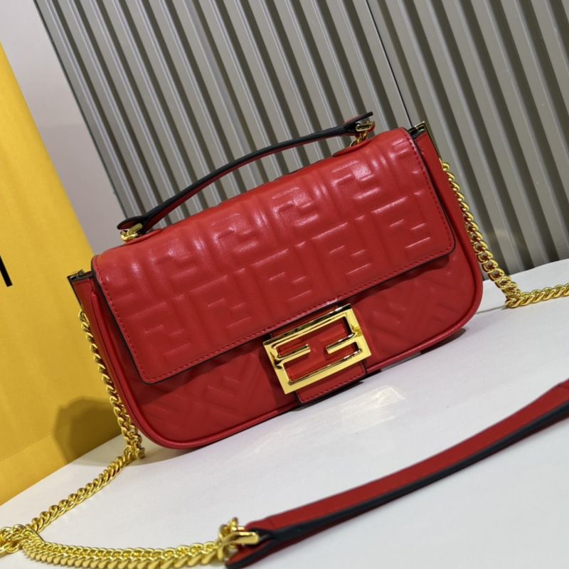 Affordable Fendi Baguette Chain Midi Bag In FF Motif Nappa Leather Red