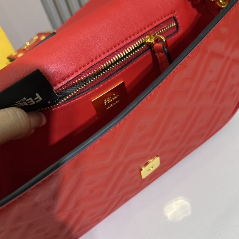 Affordable Fendi Baguette Chain Midi Bag In FF Motif Nappa Leather Red