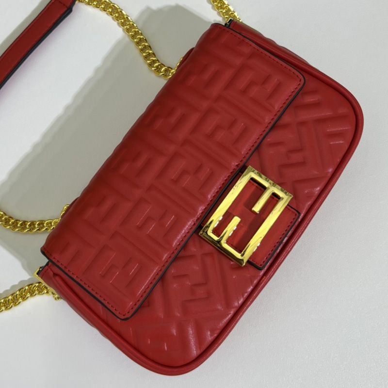 Affordable Fendi Baguette Chain Midi Bag In FF Motif Nappa Leather Red