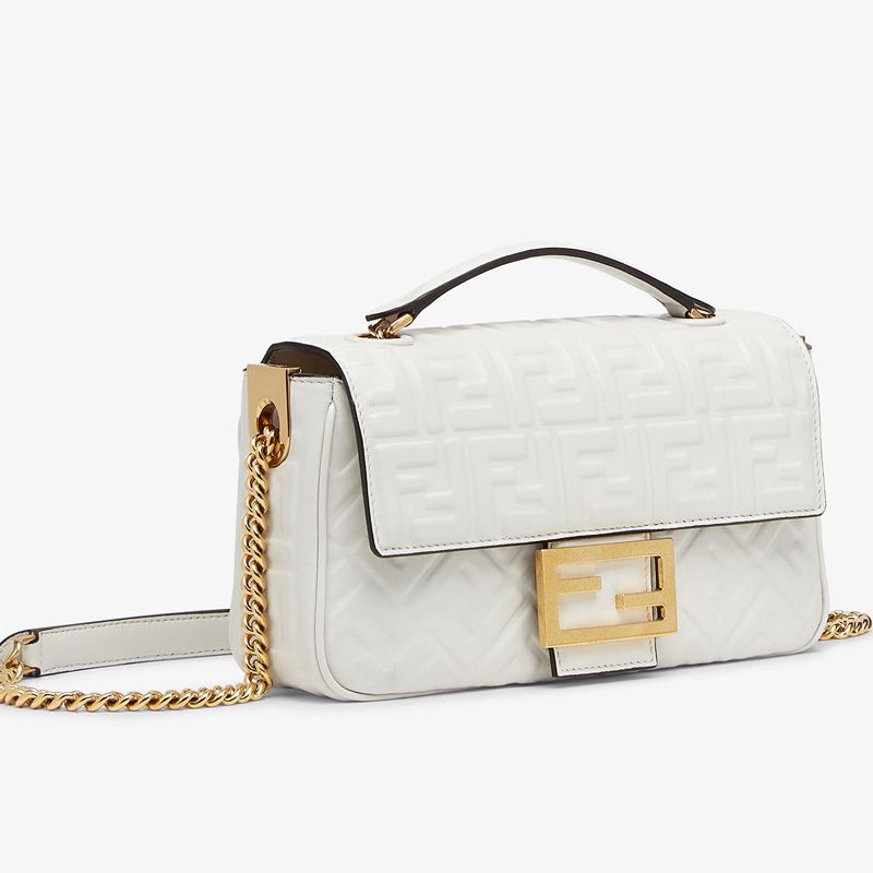 Affordable Fendi Baguette Chain Midi Bag In FF Motif Nappa Leather White