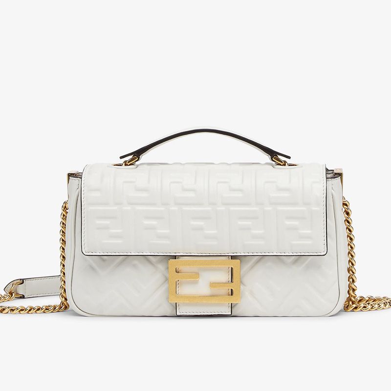 Affordable Fendi Baguette Chain Midi Bag In FF Motif Nappa Leather White