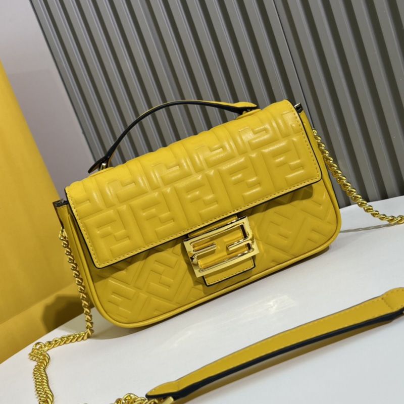 Affordable Fendi Baguette Chain Midi Bag In FF Motif Nappa Leather Yellow