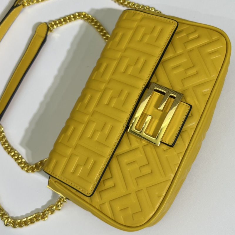 Affordable Fendi Baguette Chain Midi Bag In FF Motif Nappa Leather Yellow