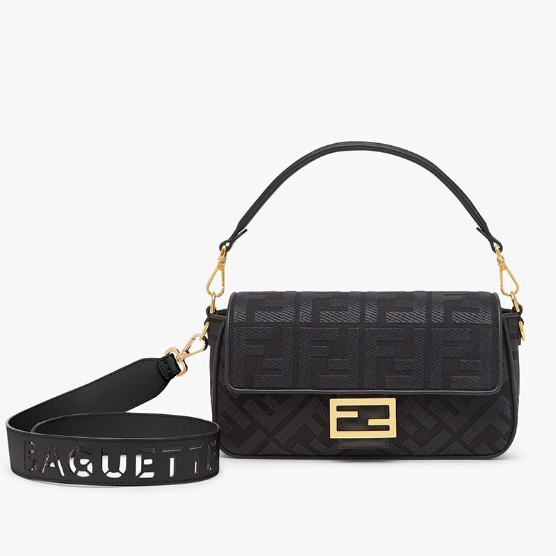 Affordable Fendi Medium Baguette Bag with Laser Cut Strap In FF Motif Canvas Black