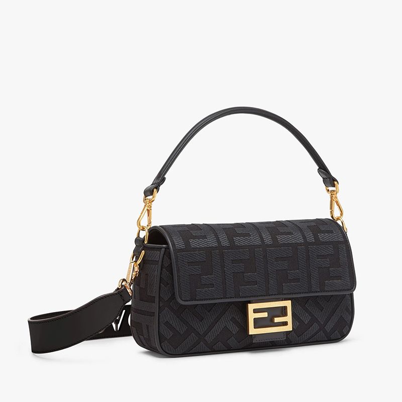 Affordable Fendi Medium Baguette Bag with Laser Cut Strap In FF Motif Canvas Black