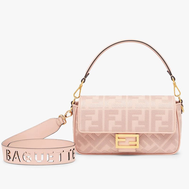 Affordable Fendi Medium Baguette Bag with Laser Cut Strap In FF Motif Canvas Pink