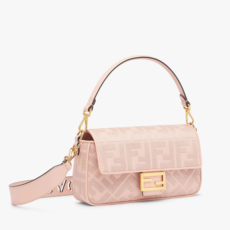 Affordable Fendi Medium Baguette Bag with Laser Cut Strap In FF Motif Canvas Pink